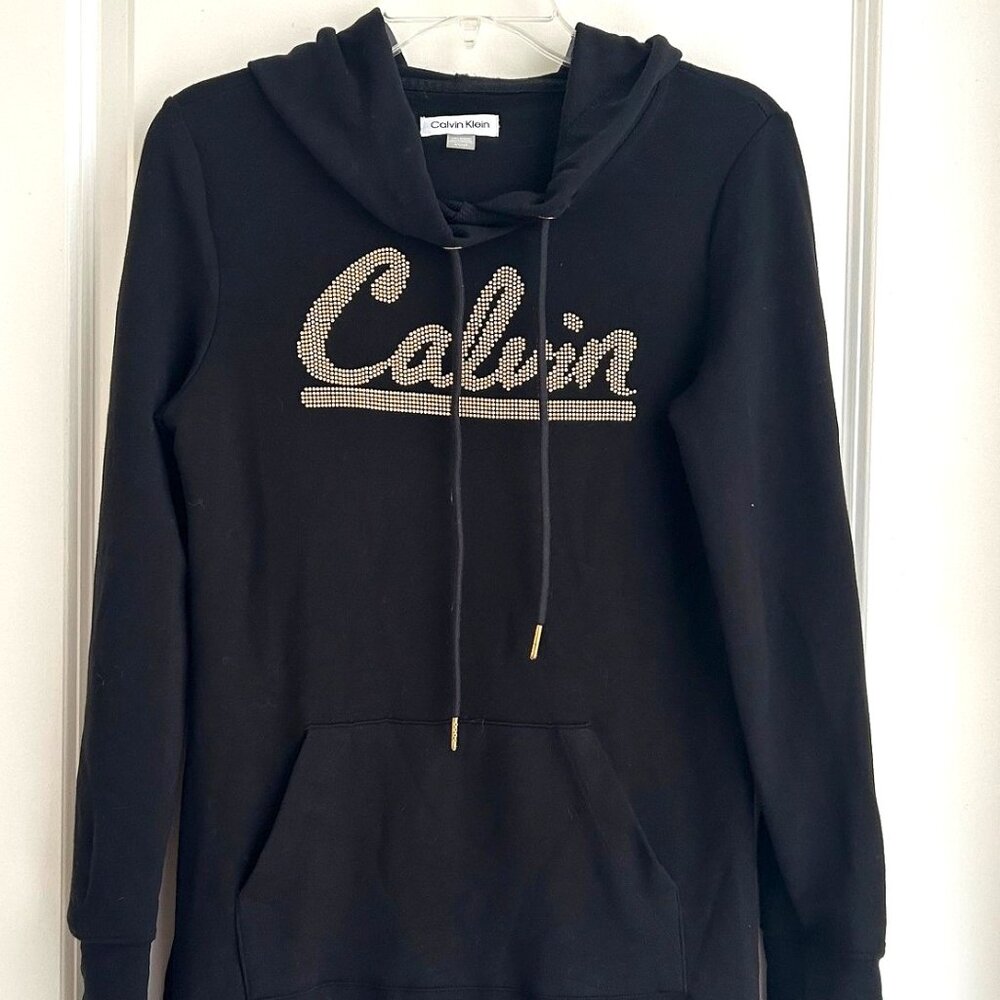 Calvin Klein Metallic Gold Logo Hoodie Sweatshirt Dress Size Small Athleisure